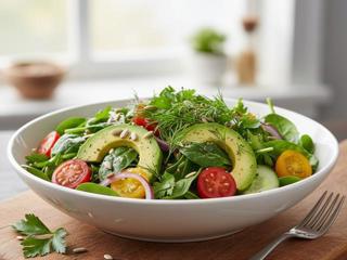 Фитнесс салат из свежих овощей, листьев и авокадо